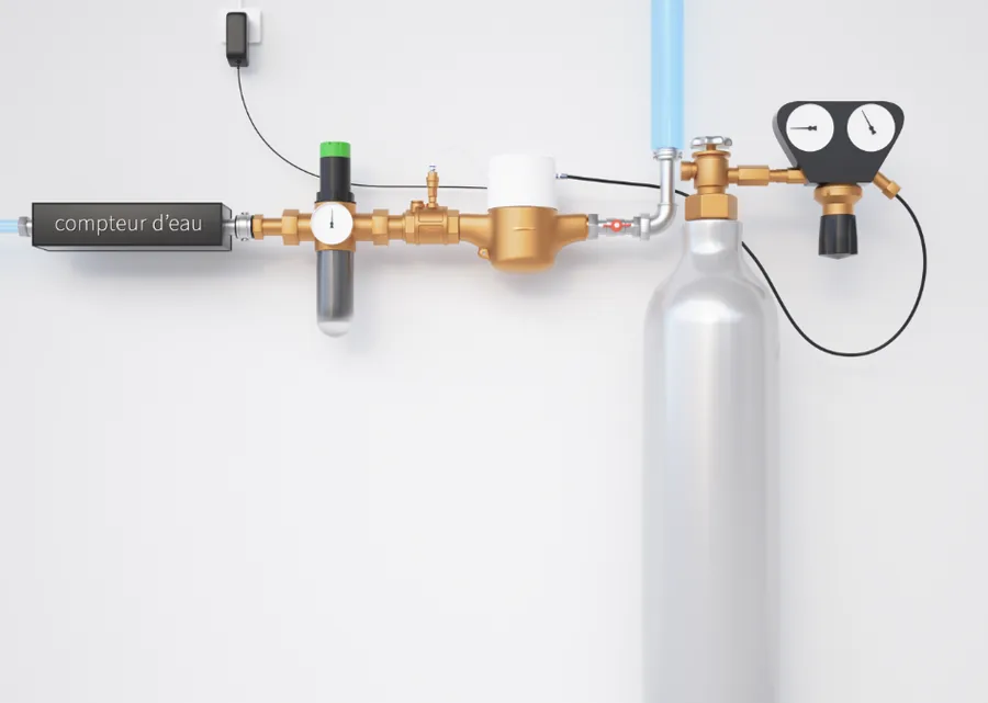 Installation Solucalc après le compteur d'eau, avec sa bouteille de CO2